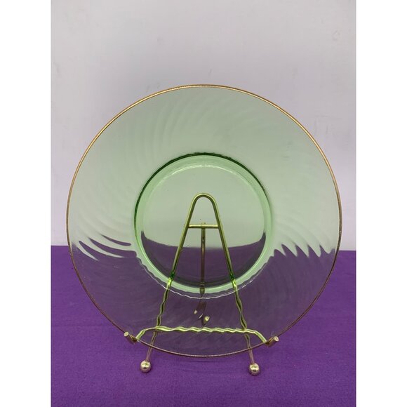 Anchor Hocking 8 Inch Spiral Pattern Green Uranium Depression Glass Plate Gold B - Picture 6 of 7
